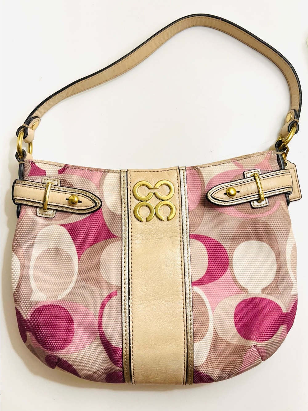 Coach Pink and Cream Signature Canvas Shoulder Bag